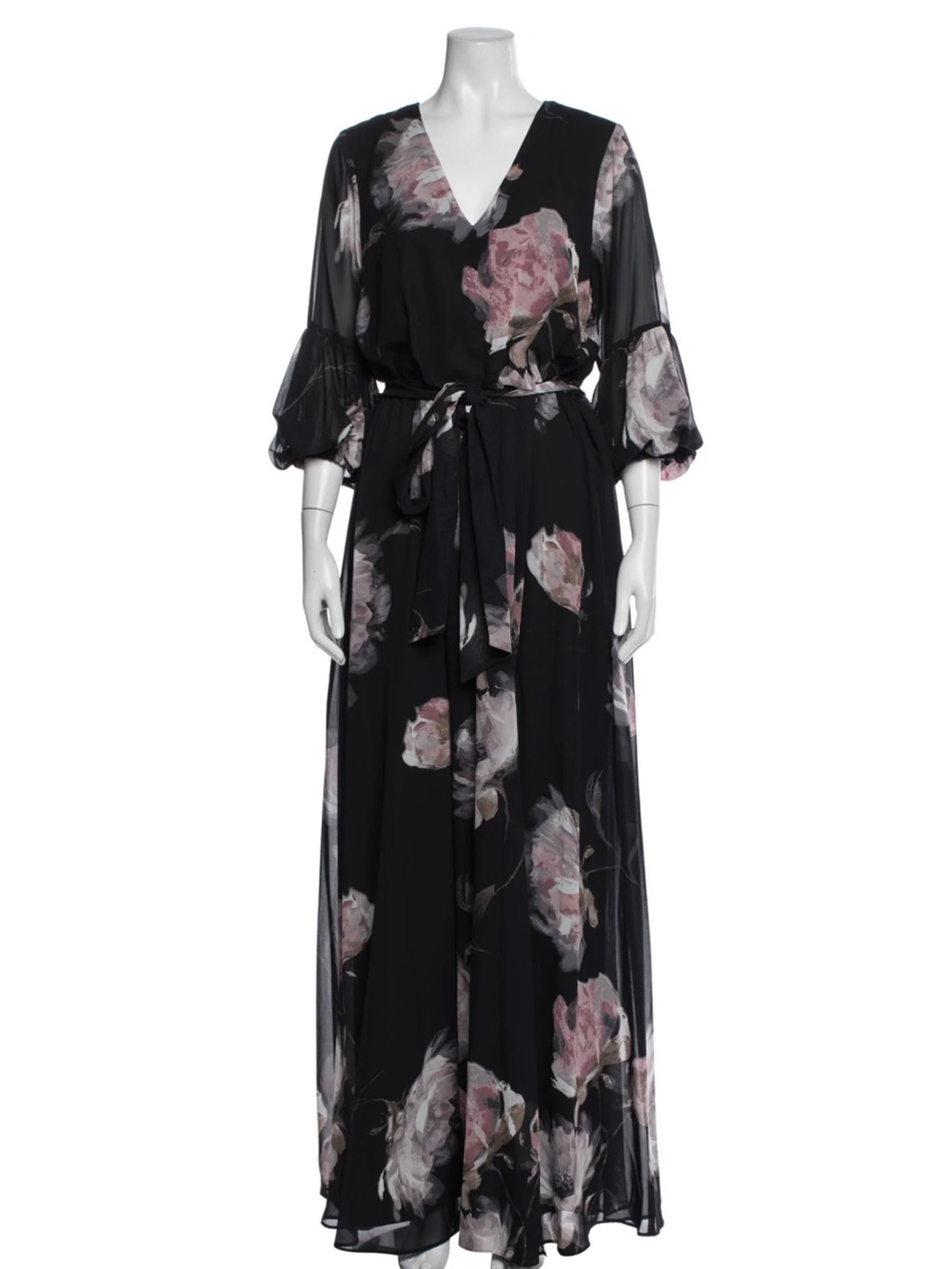 Aidan Mattox Black Maxi Wrap Dress with Pink Floral Print